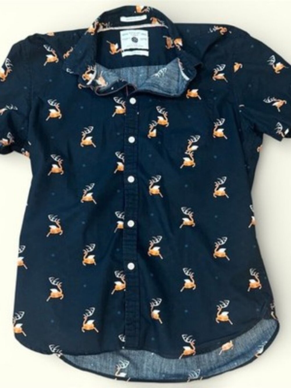 Denim & Flower Mens Medium Slim Fit Navy Deer Print Short Sleeve Button Down